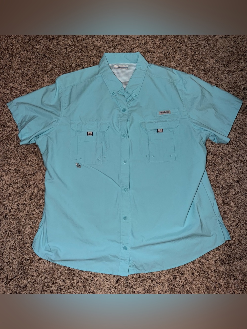 Columbia Women's Button-Down Short Sleeve Shirt in Aqua - 1X